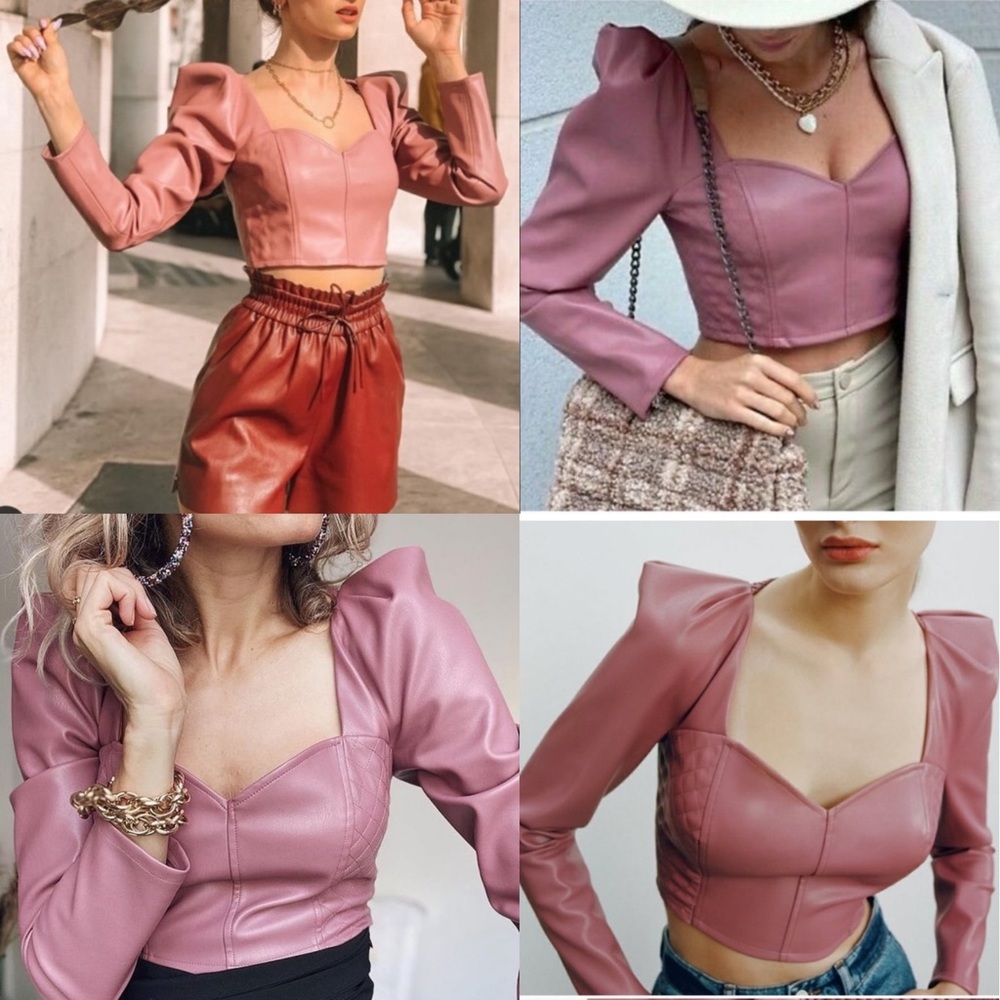 Zara NWOT Mauve pink faux leather long sleeve sweetheart neck top